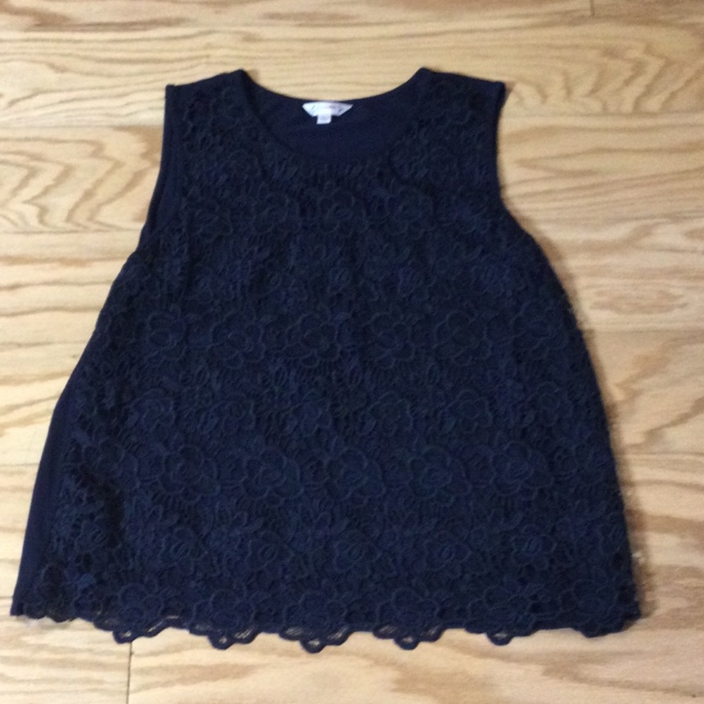 L Nanette Lepore navy lace overlay stretch top - Picture 3 of 15